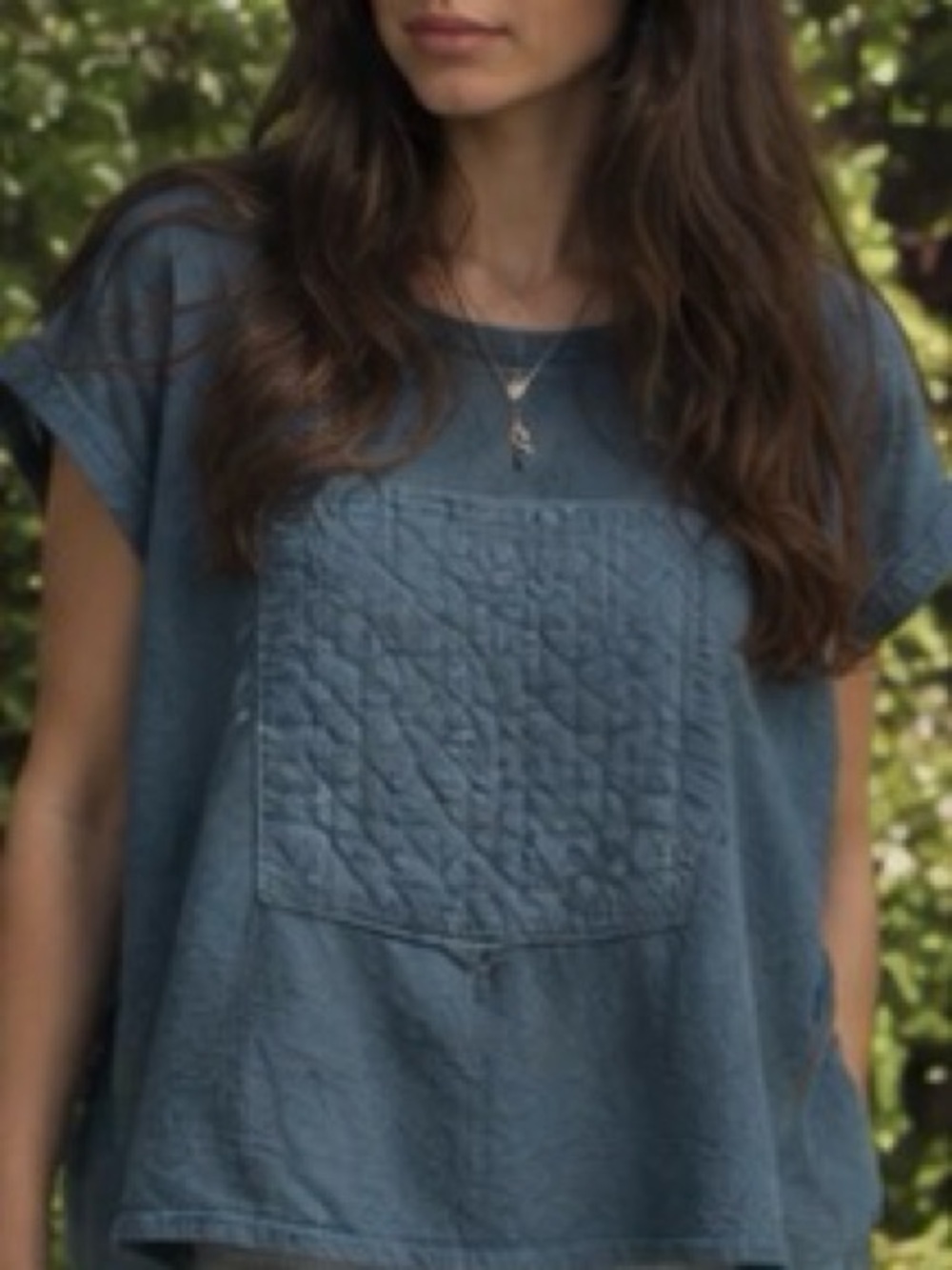 Light Blue Quilted Front Short-Sleeve Women's Top